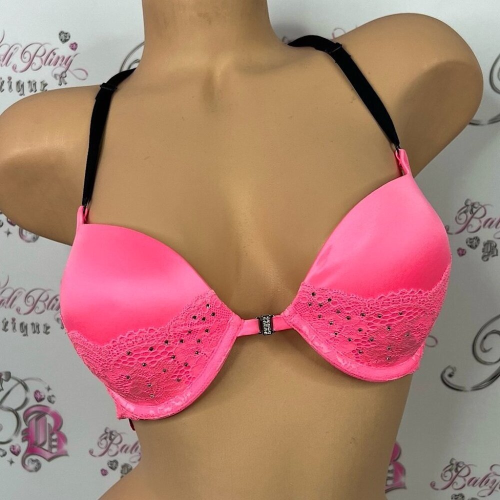 La SENZA bra rhinestone diamonds Hot Pink Lace Bra with Black Straps neon sexy